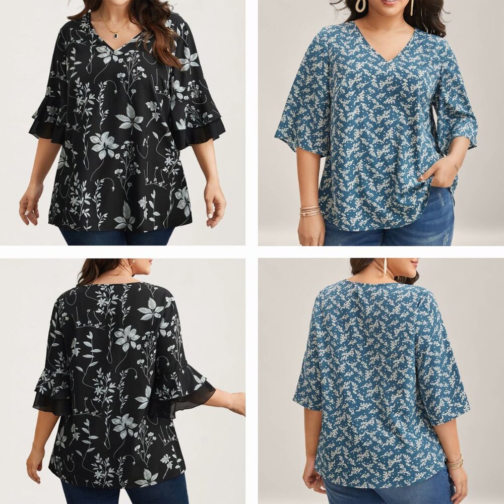 Lot of 2 - BloomChic NWT Floral V-Neck Blouses Curvy Hem & Ruffle Sleeve Tops 3X